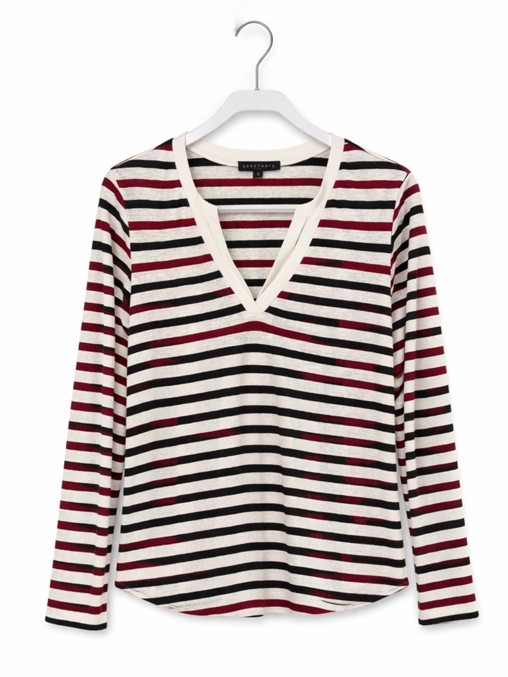 Sanctuary 100% Linen Striped V Neck Long Sleeve Top Red Black Cream S